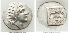 CARIAN ISLANDS. Rhodes. Ca. 88-84 BC. AR drachm (15mm, 2.10 gm, 11h). Choice XF. Plinthophoric standard, Nicagoras, magistrate. Radiate head of Helios...
