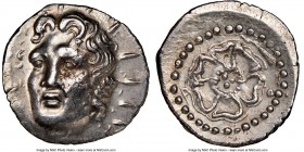 CARIAN ISLANDS. Rhodes. Ca. 84-30 BC. AR drachm (19mm, 4.29 gm, 9h). NGC Choice AU 3/5 - 4/5, flan flaw. Radiate head of Helios facing, turned slightl...