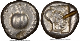 PAMPHYLIA. Side. Ca. 5th century BC. AR stater (19mm, 4h). NGC Choice VF. Ca. 430-400 BC. Pomegranate; guilloche beaded border / Head of Athena right,...