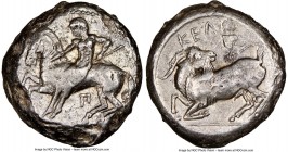 CILICIA. Celenderis. Ca. 425-350 BC. AR stater (19mm, 12h). NGC XF. Persic standard, ca. 425-400 BC. Youthful nude male rider, reins in right hand, ke...