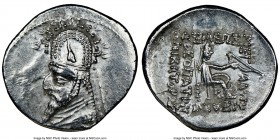 PARTHIAN KINGDOM. Sinatruces (ca. 93-69 BC). AR drachm (21mm, 12h). NGC AU. Rhagae. Diademed bust of Sinatruces left, wearing tiara ornamented with ho...