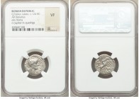 Q. Fabius Labeo (ca. 124 BC). AR denarius(19mm, 11h). NGC VF. Rome. LABEO-ROMA, head of Roma right in winged helmet decorated with griffin crest, wear...