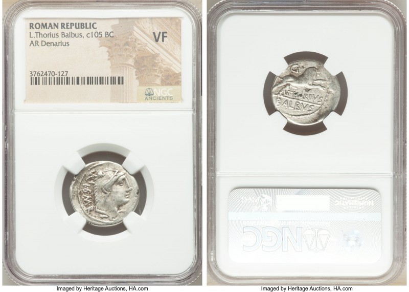 L. Thorius Balbus (ca. 105 BC). AR denarius (21mm, 7h). NGC VF. Rome. I•S•M•R, h...