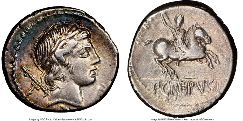 P. Crespusius (ca. 82 BC). AR denarius (18mm, 8h). NGC XF. Rome. Laureate head o...