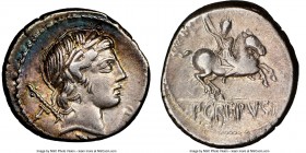 P. Crespusius (ca. 82 BC). AR denarius (18mm, 8h). NGC XF. Rome. Laureate head of Apollo right; scepter and T, branch below chin / P•CREPVSI, horseman...