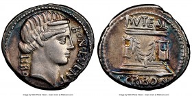 L. Scribonius Libo (62 BC). AR denarius (20mm, 6h). NGC XF. Rome. Diademed head of Bonus Eventus right, LIBO (downwards) behind, BON • EVENT (downward...