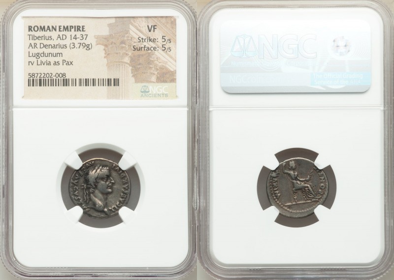 Tiberius (AD 14-37). AR denarius (18mm, 3.79 gm, 12h). NGC VF 5/5 - 5/5. Lugdunu...