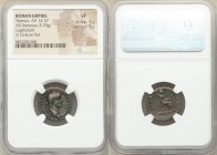 Tiberius (AD 14-37). AR denarius (18mm, 3.79 gm, 12h). NGC VF 5/5 - 5/5. Lugdunum, ca. AD 18-35. TI CAESAR DIVI-AVG F AVGVSTVS, laureate head of Tiber...