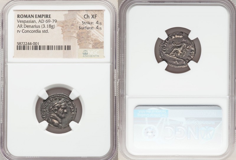 Vespasian (AD 69-79). AR denarius (19mm, 3.18gm, 7h). NGC Choice XF 4/5 - 4/5. A...