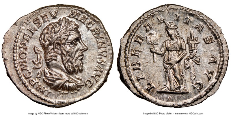 Macrinus (AD 217-218). AR denarius (20mm, 3.41 gm, 6h). NGC MS 5/5 - 4/5. Rome. ...