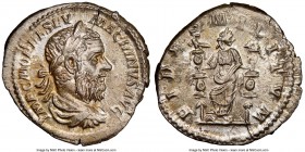 Macrinus (AD 217-218). AR denarius (20mm, 3.43 gm, 6h). NGC MS 4/5 - 4/5. Rome. IMP C M OPEL SEV MACRINVS AVG, laureate, cuirassed bust of Macrinus ri...