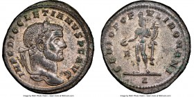 Diocletian (AD 284-305). BI follis or nummus (27mm, 6h). NGC AU, Silvering. Rome, 4th officina, AD 296-297. IMP C DIOCLETIANVS P F AVG, laureate head ...