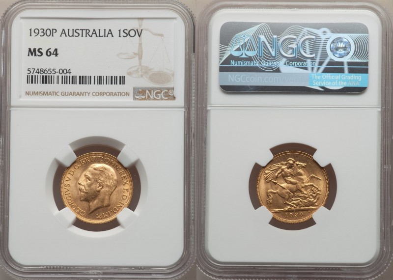 George V gold Sovereign 1930-P MS64 NGC, Perth mint, KM32. Light rose-colored go...