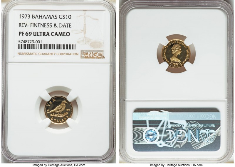 Elizabeth II gold Proof 10 Dollars 1973 PR69 Ultra Cameo NGC, KM41. Fineness and...