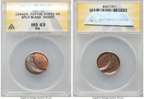 Elizabeth II Mint Error - Partial Strike on Split Blank Indent Cent ND MS63 Red and Brown ANACS, Royal Canadian mint, KM127. 

HID09801242017

© 2...