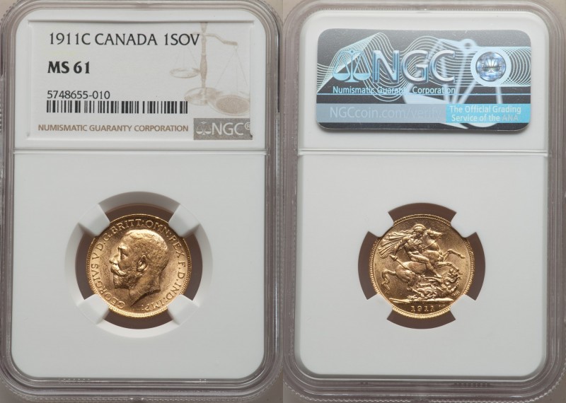 George V gold Sovereign 1911-C MS61 NGC, Ottawa mint, KM20. AGW 0.2355 oz. 

H...