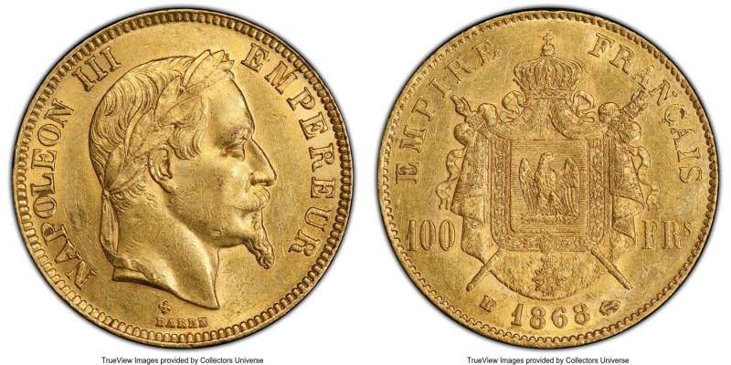 Napoleon III gold 100 Francs 1868-BB AU58 PCGS, Strasbourg mint, KM802.2. Mintag...