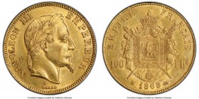 Napoleon III gold 100 Francs 1868-BB AU58 PCGS, Strasbourg mint, KM802.2. Mintage: 789. Lowest mintage year for type. Lustrous with reflective fields....