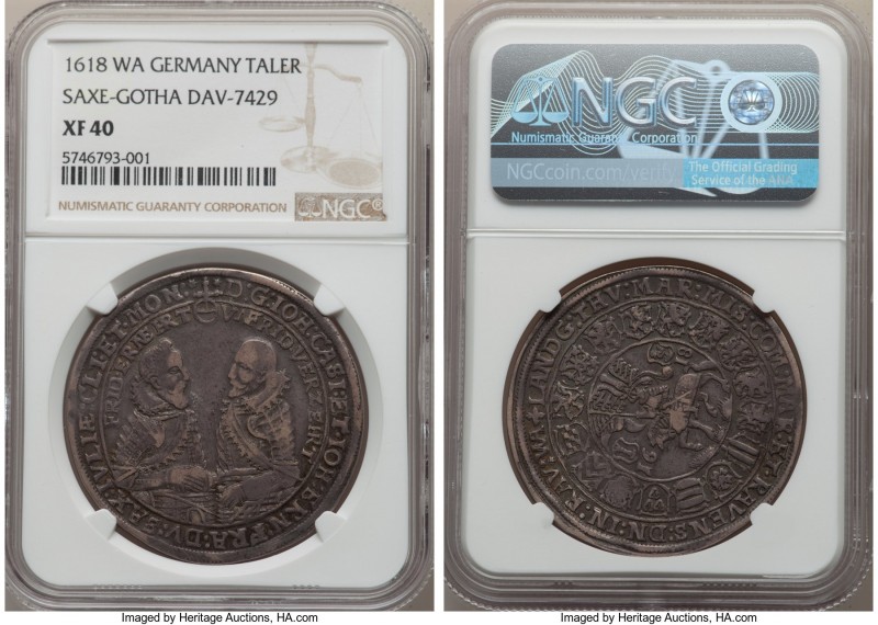 Saxe-Gotha. Johann Casimir & Johann Ernst II Taler 1618-WA XF40 NGC, Coburg mint...