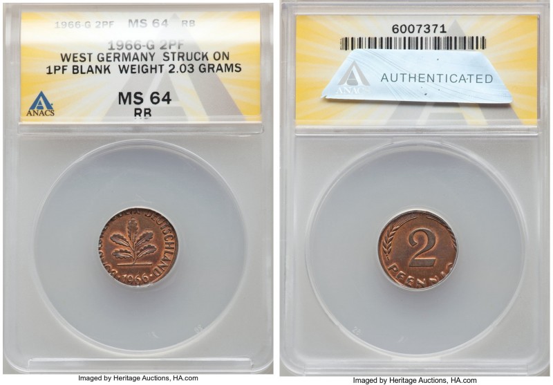 Federal Republic Mint Error - Struck on Pfennig Blank 2 Pfennig 1966-G MS64 Red ...