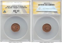 Federal Republic Mint Error - Struck on Pfennig Blank 2 Pfennig 1966-G MS64 Red and Brown ANACS, Karlsruhe mint, KM106. Struck on KM105 Pfennig flan. ...