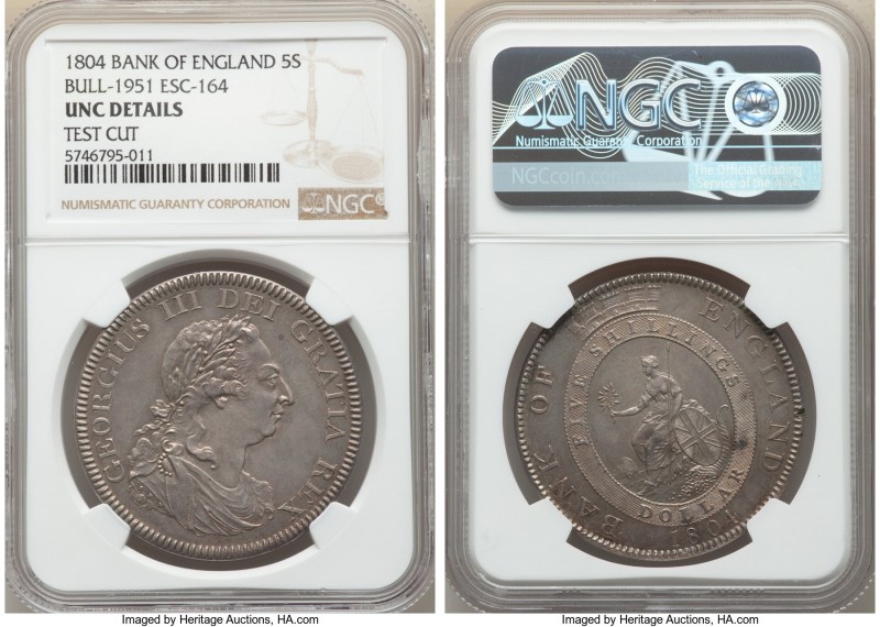 George III Bank Dollar of 5 Shillings 1804 UNC Details (Test Cut) NGC, KM-Tn1, E...