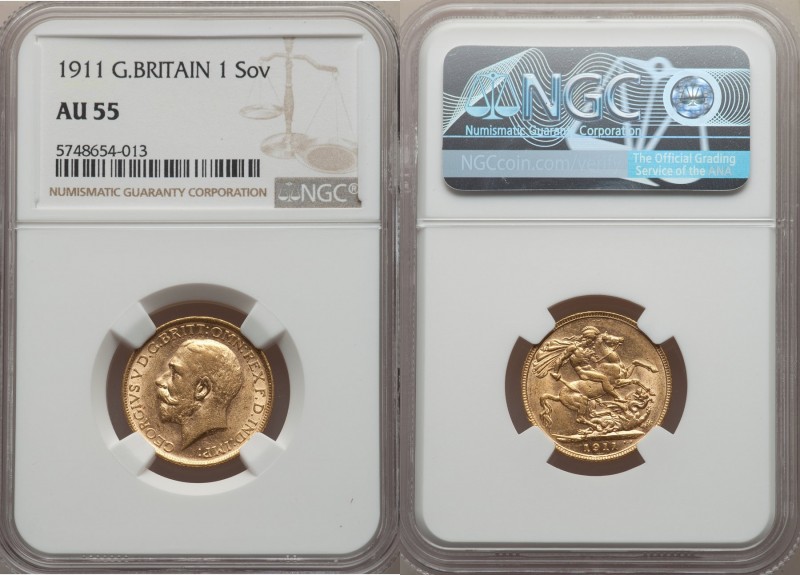George V gold Sovereign 1911 AU55 NGC, KM820. First year for type. AGW 0.2355 oz...