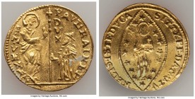 Venice. Paolo Renier gold Zecchino ND (1779-1789) XF (Bent), KM714. 21mm. 3.38gm. PAVL • RAINER | S • M • VENET, St. Mark standing right, blessing Dog...