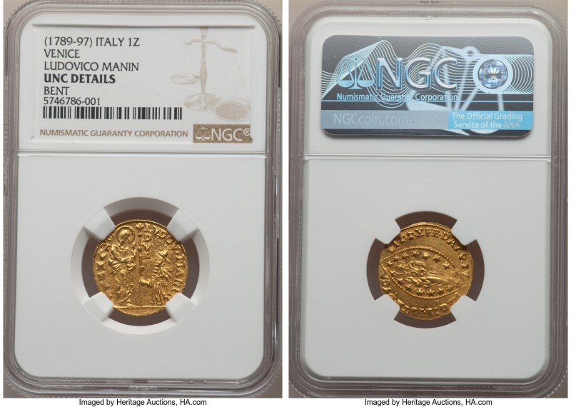 Venice. Ludovico Manin gold Zecchino ND (1789-1797) UNC Details (Bent) NGC, KM75...