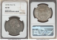Umberto I 5 Lire 1879-R AU58 NGC, Rome mint, KM20. Two year type. Lightly toned over reflective fields. 

HID09801242017

© 2020 Heritage Auctions...