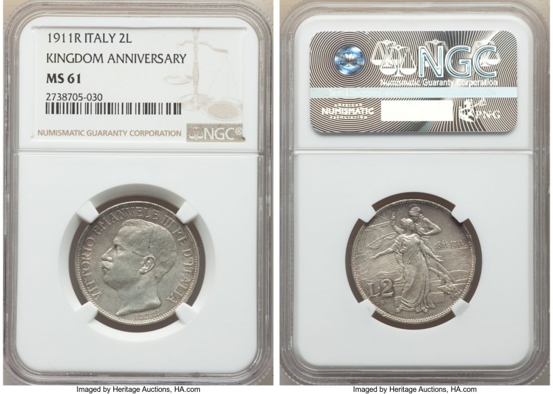 Vittorio Emanuele III 2 Lire 1911-R MS61 NGC, Rome mint, KM52. Kingdom Anniversa...
