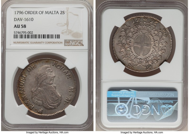 Emmanuel de Rohan 2 Scudi 1796 AU58 NGC, KM343, Dav-1610. Evenly toned in gray w...