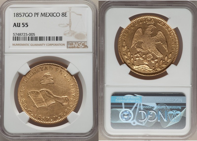 Republic gold 8 Escudos 1857 Go-PF AU55 NGC, Guanajuato mint, KM383.7, Fr-72. 
...