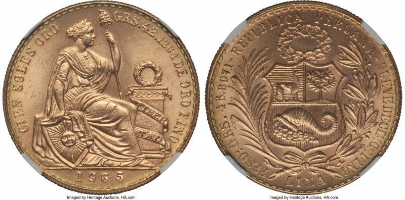 Republic gold 100 Soles 1965-LIMA MS63 NGC, Lima mint, KM231, Fr-78. A sparkling...