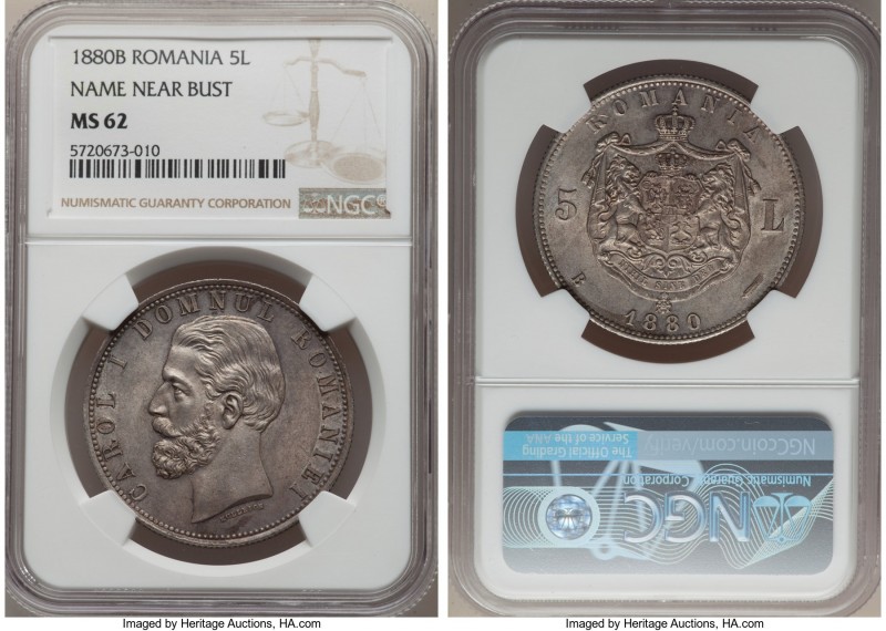 Carol I 5 Lei 1880-B MS62 NGC, Bucharest mint, KM12. Name near trunction (bust)....