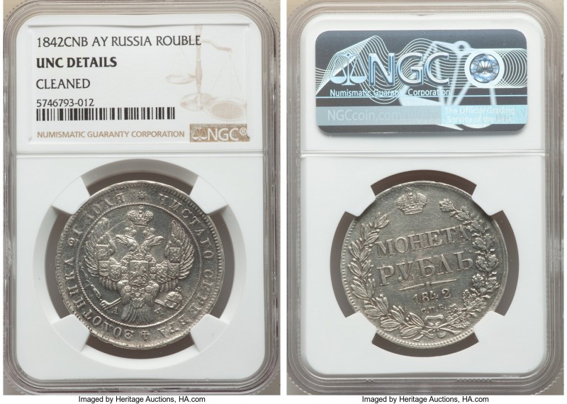 Nicholas I Rouble 1842 CΠБ-AЧ UNC Details (Cleaned) NGC, St. Petersburg mint, KM...