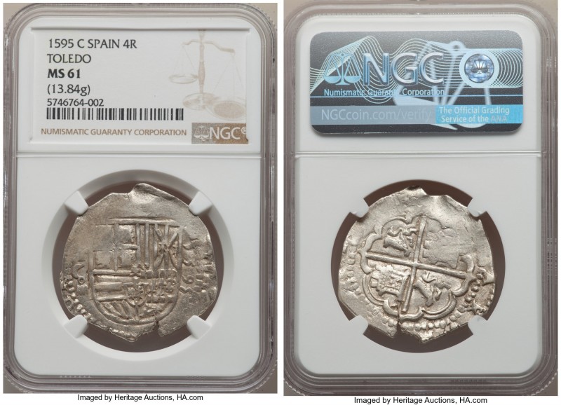 Philip II Cob 4 Reales 1595 To-C MS61 NGC, Toledo mint, Cay-3870. 34mm. 13.84gm....