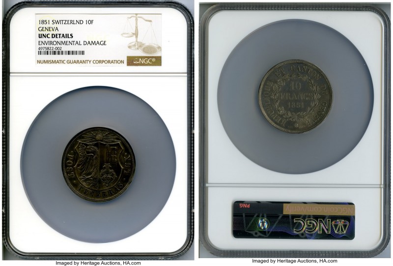 Geneva. Canton 10 Francs 1851 UNC Details (Environmental Damage) NGC, KM138. Min...