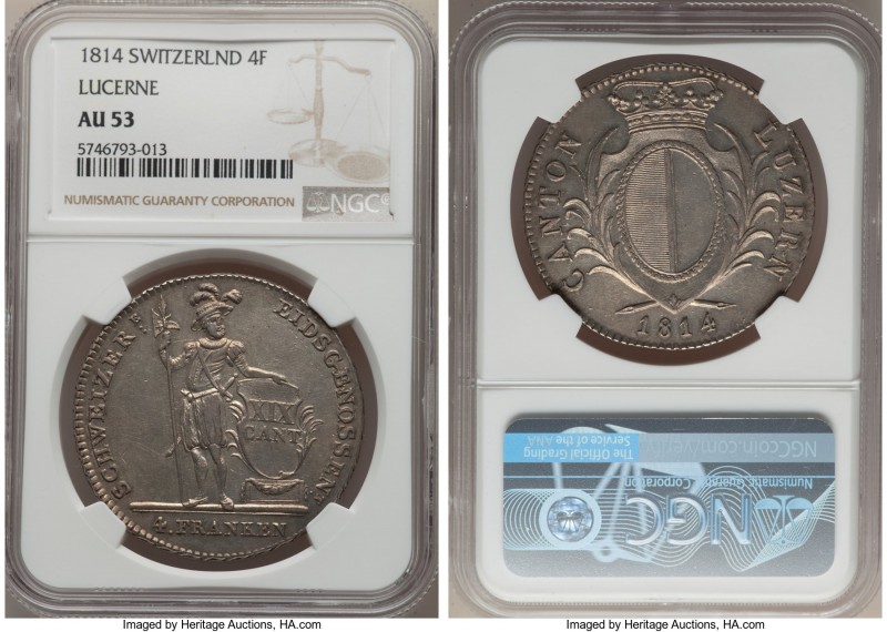 Lucerne. Canton 4 Franken 1814 AU53 NGC, KM109. Conservatively graded with golde...