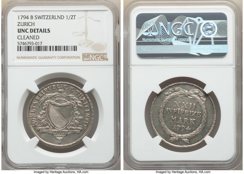 Zurich. Canton 1/2 Taler 1794-B UNC Details (Cleaned) NGC, Bern mint, KM174. Dea...