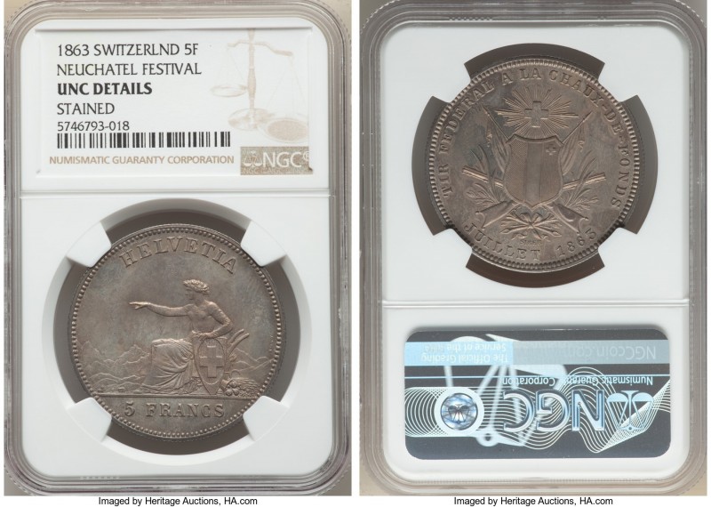 Confederation "Neuchatel Shooting Festival" 5 Francs 1863 UNC Details (Stained) ...