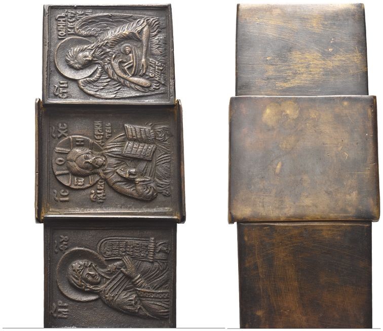 RUSSIA
Scuola Russa XX secolo.. Trittico iconografico con “Deesis”.
Æ gr. 291,...