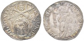 ANCONA
Gregorio XIII (Ugo Boncompagni), 1572-1585.. Testone.
Ag gr. 9,35
Dr. GREGORIVS - XIII PONT M. Stemma sormontato da triregno e chiavi decuss...