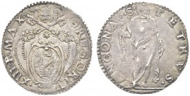 ANCONA
Gregorio XIII (Ugo Boncompagni), 1572-1585.. Testone.
Ag gr. 9,42
Dr. GREGORIV - XIII P MAX. Stemma sormontato da triregno e chiavi decussat...