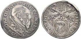 ANCONA
Gregorio XIII (Ugo Boncompagni), 1572-1585.. Testone.
Ag gr. 8,94
Dr. GREGORIVS XIII PON T M Busto a d., con piviale ornato da figura di S. ...