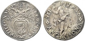 ANCONA
Gregorio XIII (Ugo Boncompagni), 1572-1585.. Testone.
Ag gr. 9,22
Dr. GREGORIVS XIII PONT M Stemma sormontato da triregno e chiavi decussate...