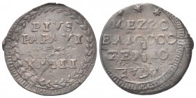 FERMO
Pio VI (Giannangelo Braschi), 1775-1799.. Mezzo Baiocco 1797 a. XXIII.
Æ gr. 5,37
Dr. PIVS / PAPA VI / AN / XXIII. Iscrizione entro ghirlanda...