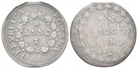 FERMO
Prima Repubblica Romana, 1798-1799.. Baiocco 1798.
Æ gr. 10,10
Dr. REPVBLICA - ROMANA. ANNO / I. Iscrizione entro corona di quercia.
Rv. VN ...