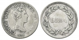 LUCCA
Carlo Ludovico, 1824-1847.. Lira 1838.
Ag gr. 4,77
Dr. Busto a d.
Rv.Valore tra due rami di alloro.
Pag. 261; Gig. 4.
BB