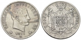 MILANO
Napoleone I Re d’Italia, 1805-1814.. 5 Lire 1811 II Tipo puntali aguzzi.
Ag gr. 24,69
Dr. Testa nuda a d.
Rv. Stemma coronato su padiglione...